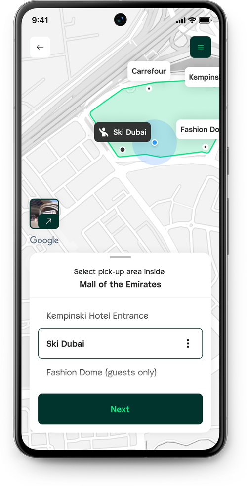 Pick-up location selection inside a mall