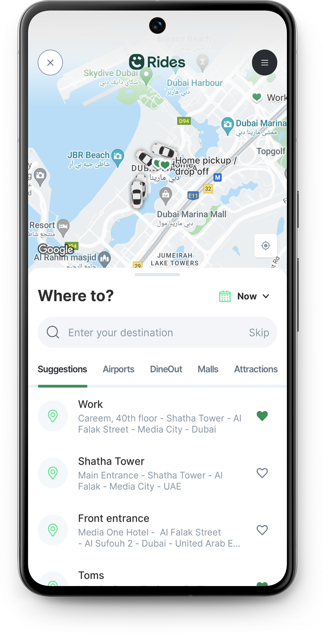 Rides screen before the redesign