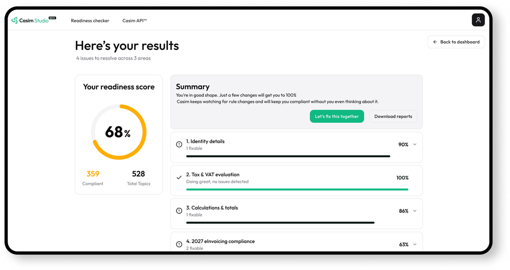 Status and actions dashboard from the Casim platform