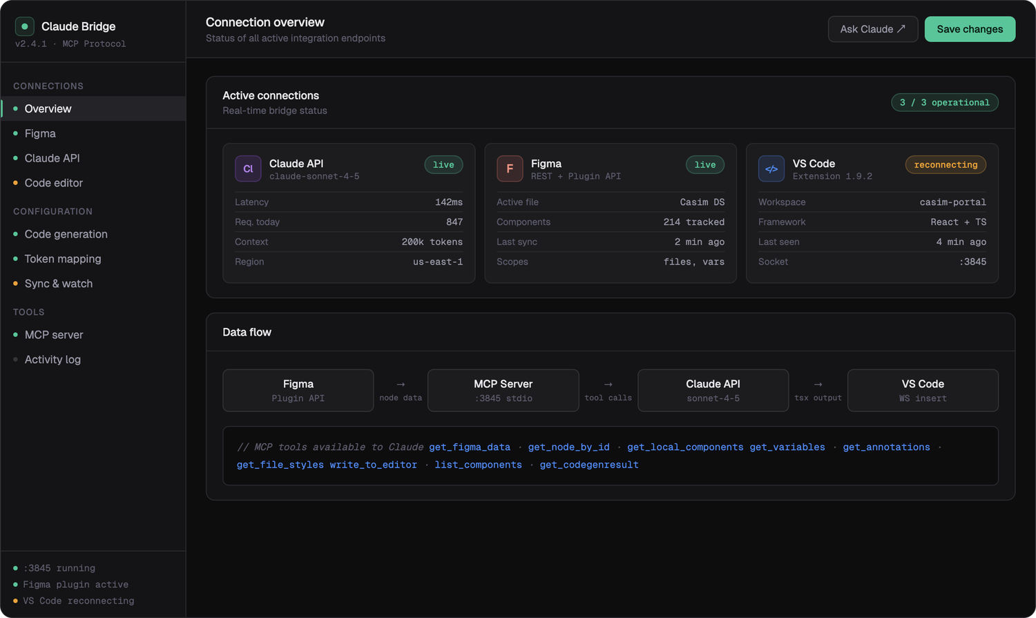 Design system connected to Figma, the Claude API and VS Code