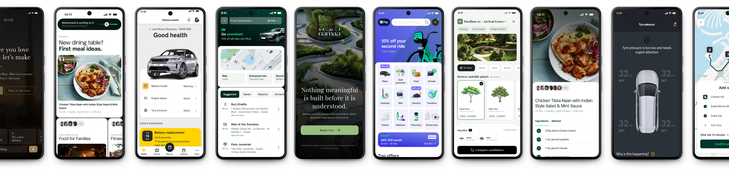 Product screens from Careem, The AA and Casim