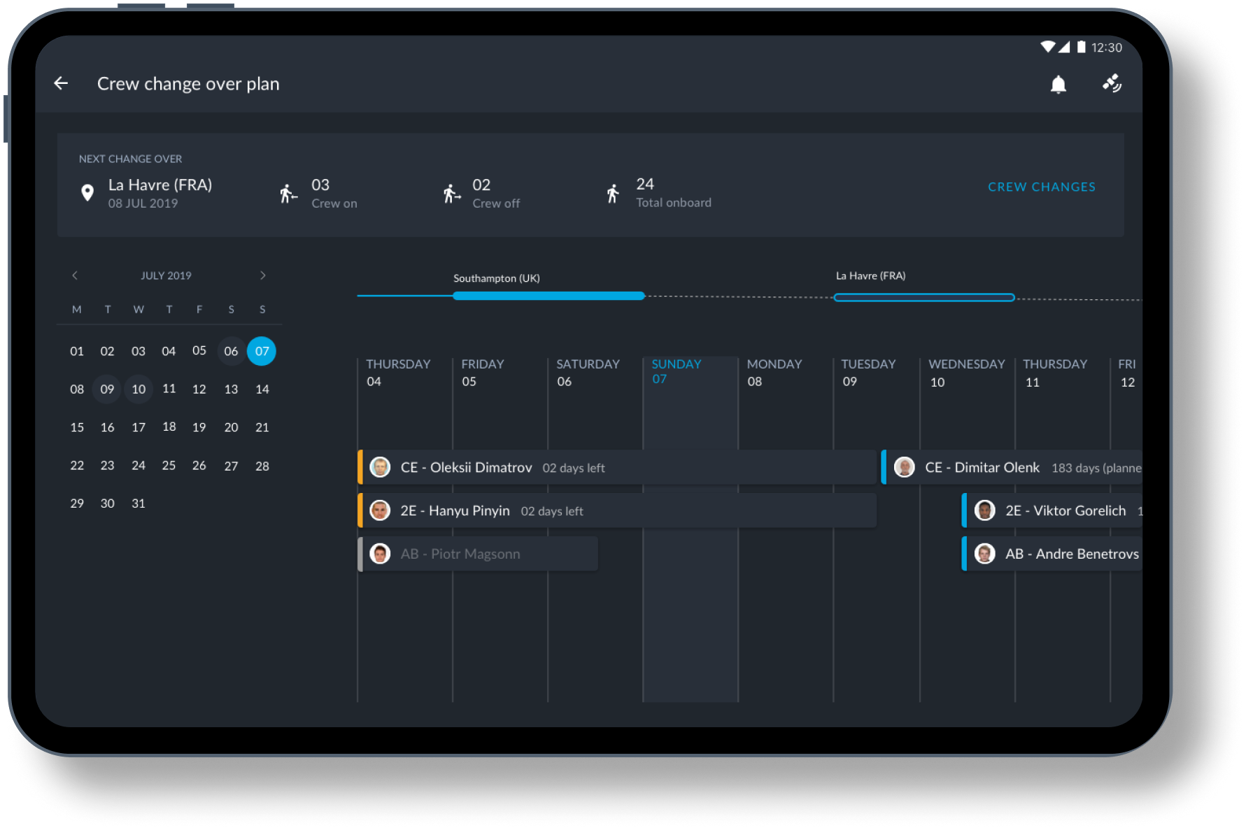 Crew changeover plan screen