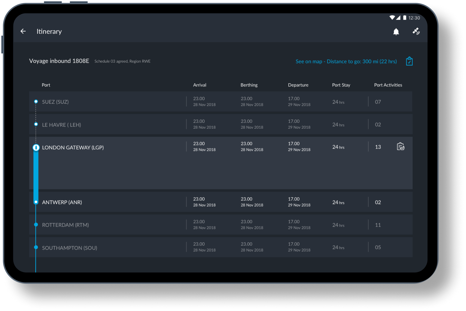 Voyage itinerary screen showing ports, arrival and departure times