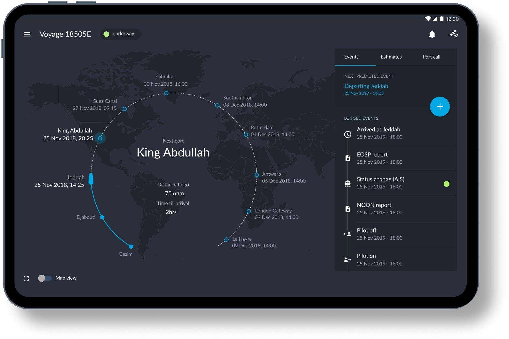 OpenOcean Edge voyage dashboard shown on a tablet