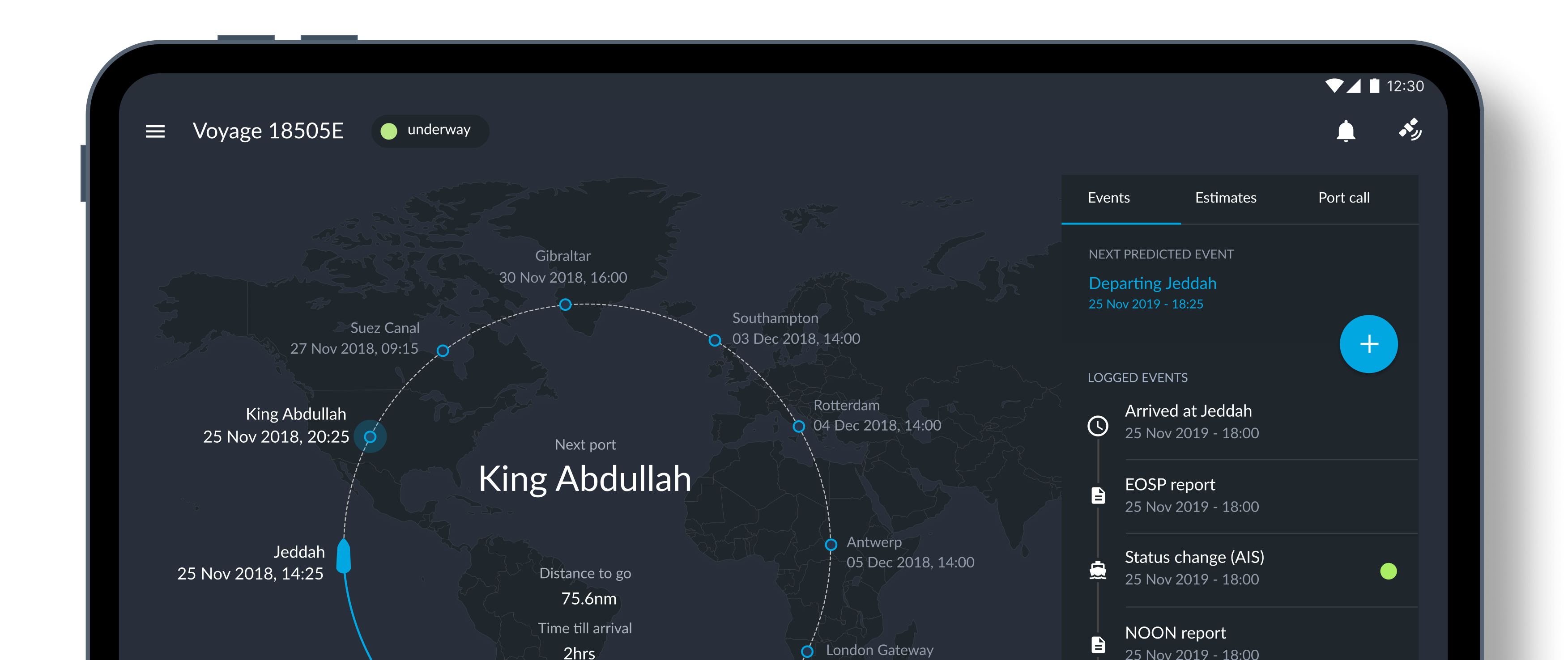 OpenOcean Edge voyage tracking screen shown on a tablet