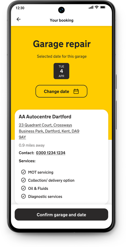 Garage repair booking with selected date