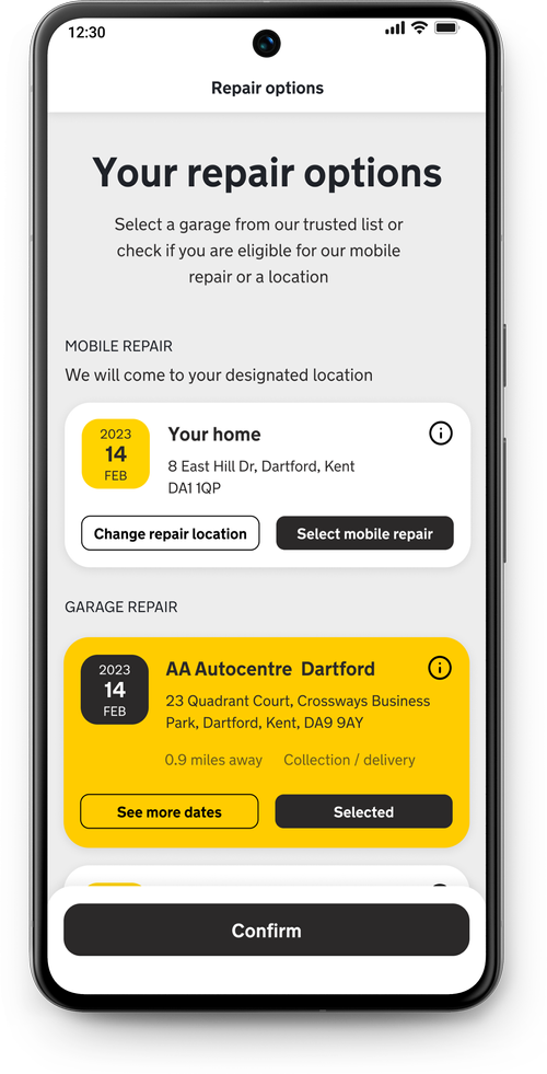 Repair options including mobile and garage