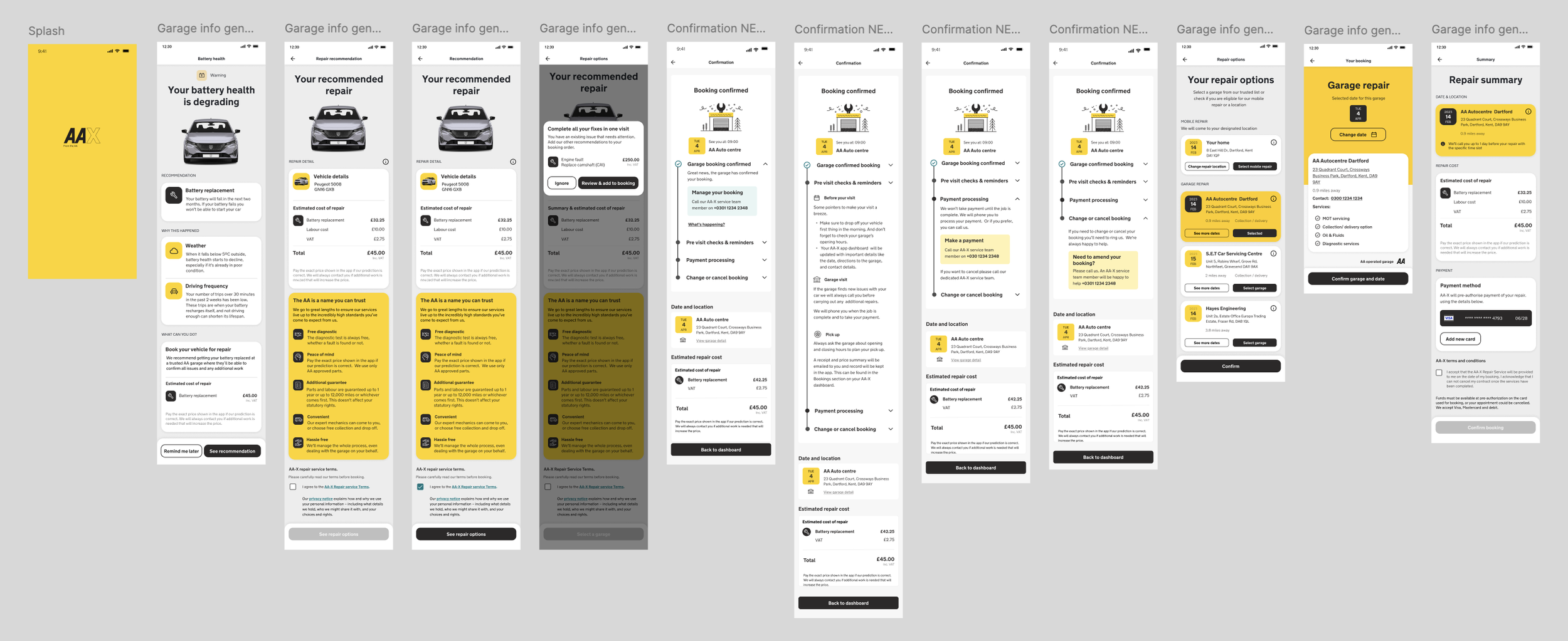 Screen by screen wireframes for the repair and booking journey